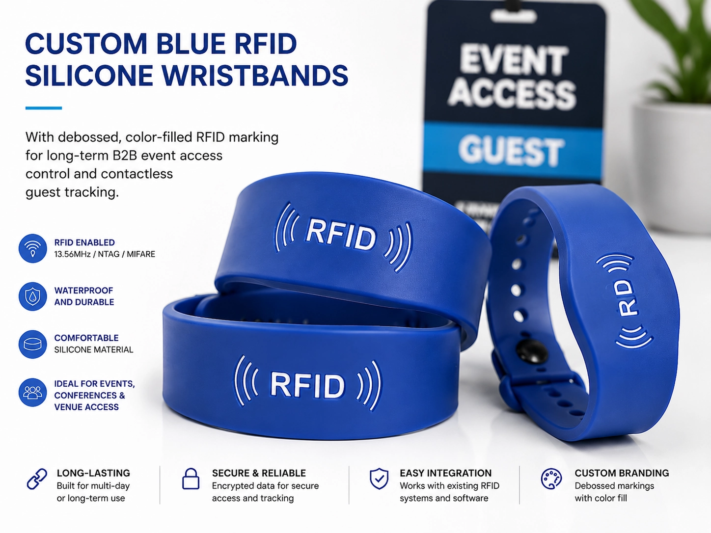 Custom blue RFID silicone wristbands with debossed color-filled branding logos for long-term B2B event access control and contactless guest tracking. Custom blue RFID silicone wristbands with debossed color-filled branding logos for long-term B2B event access control and contactless guest tracking.